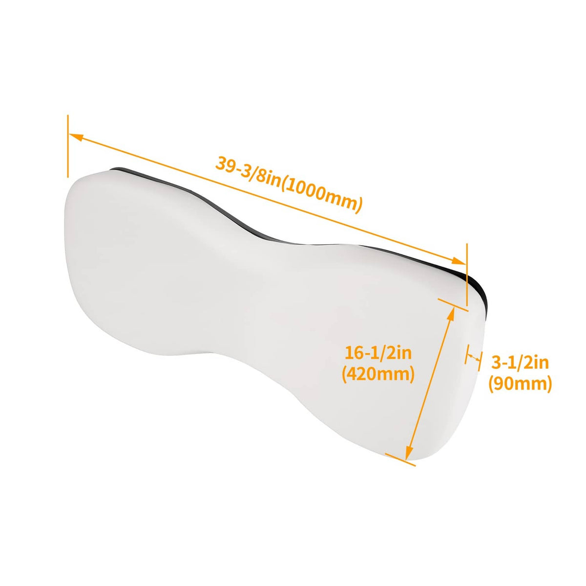 Curved white seat backrest cushion with tapered ends