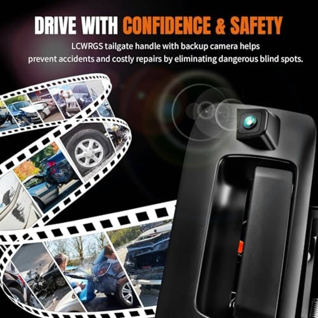 Tailgate handle backup camera module with black housing and front lens.