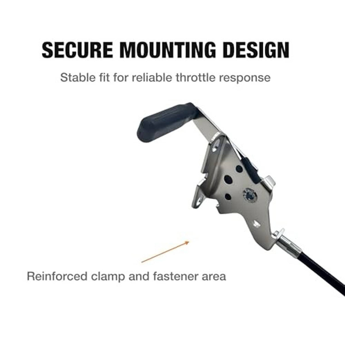 Throttle control cable mounting bracket with reinforced clamp and fastener area