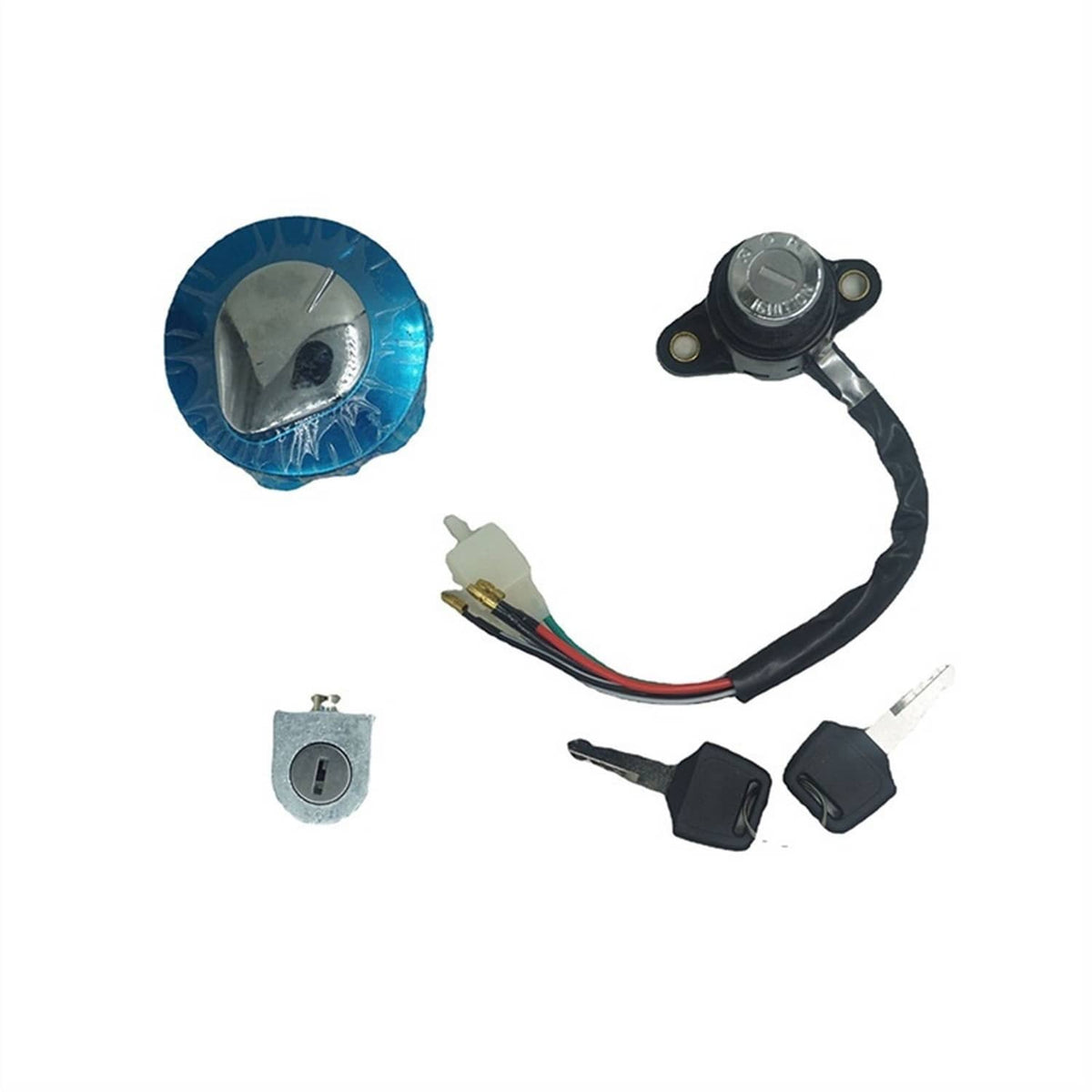 Ignition switch lock with wiring harness, keys, and spare lock cylinder