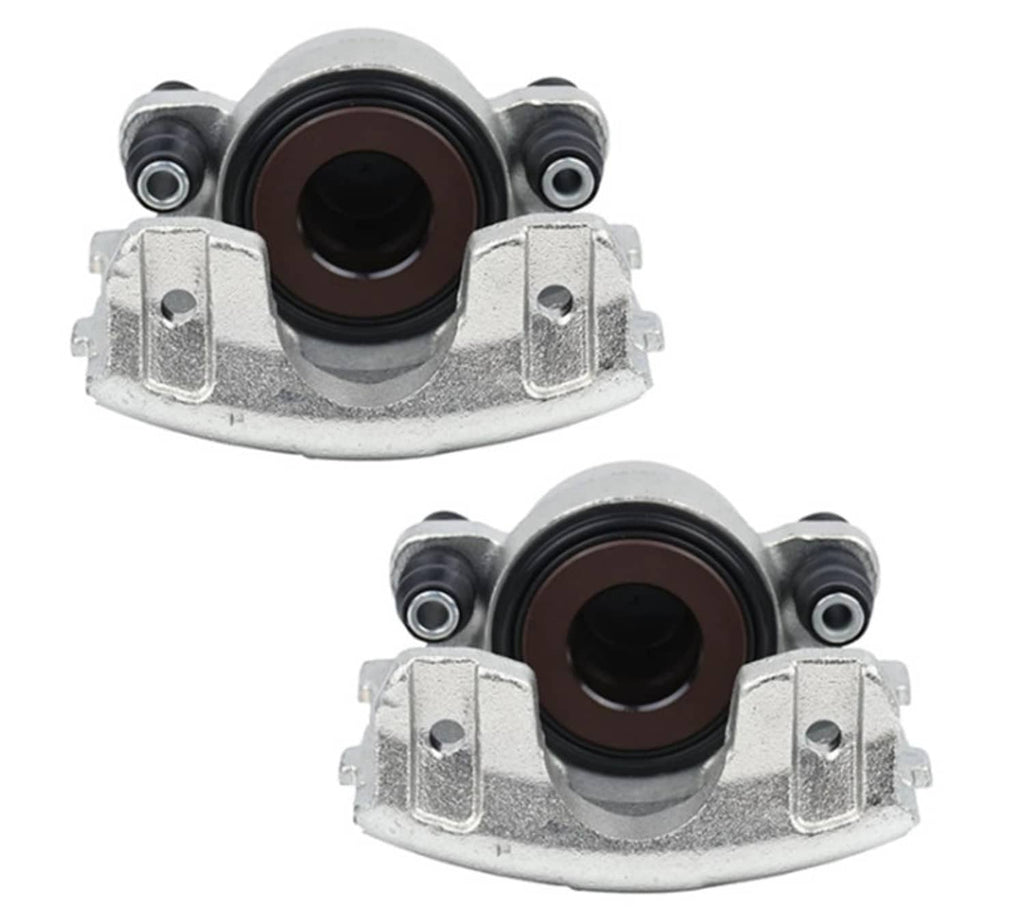 Front brake caliper pair, silver calipers with black piston seals and mounting hardware