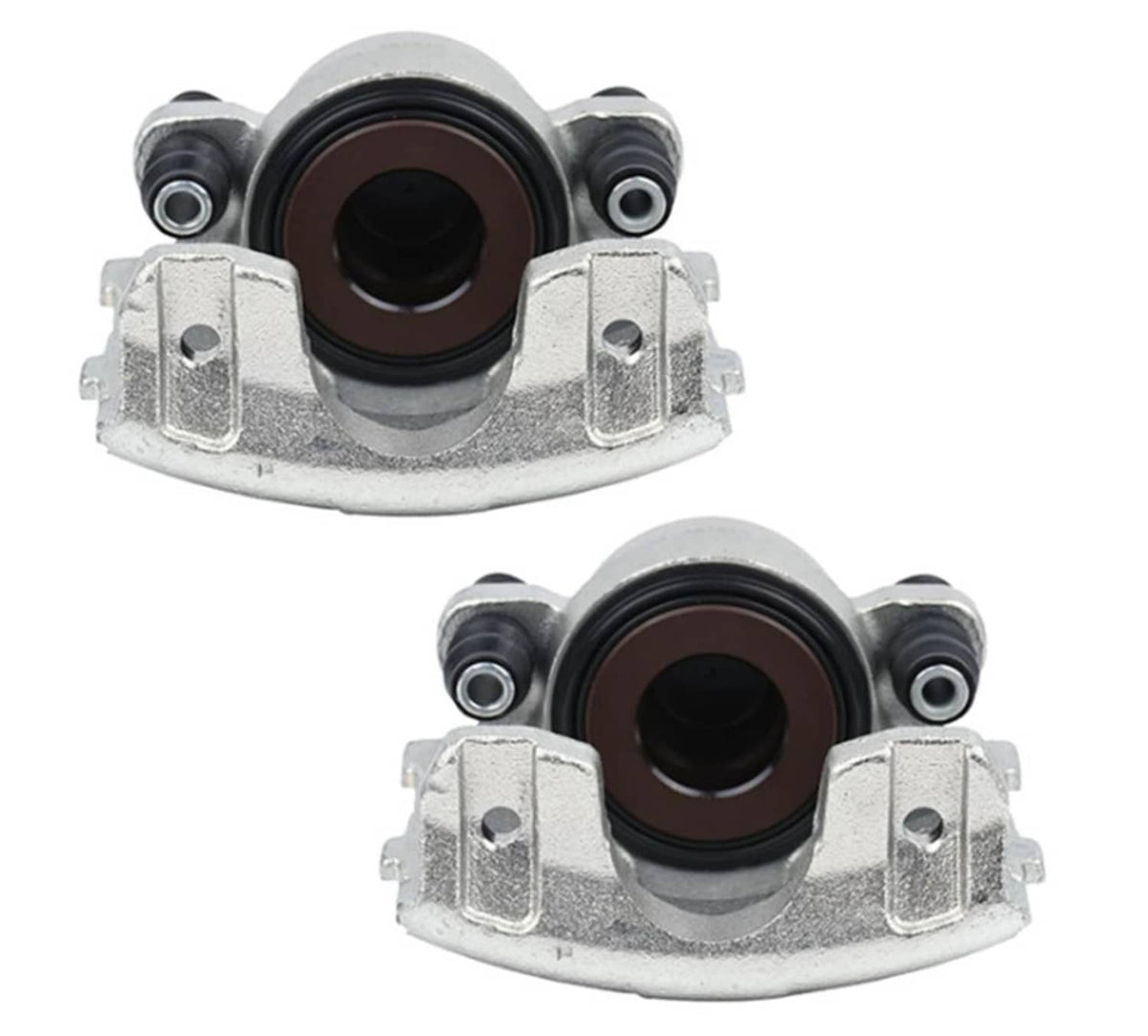 Front brake caliper pair, silver calipers with black piston seals and mounting hardware