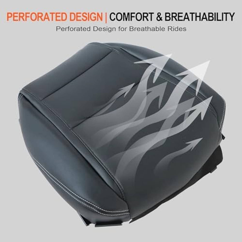 Black leather seat cover with stitched edges on a thick padded cushion