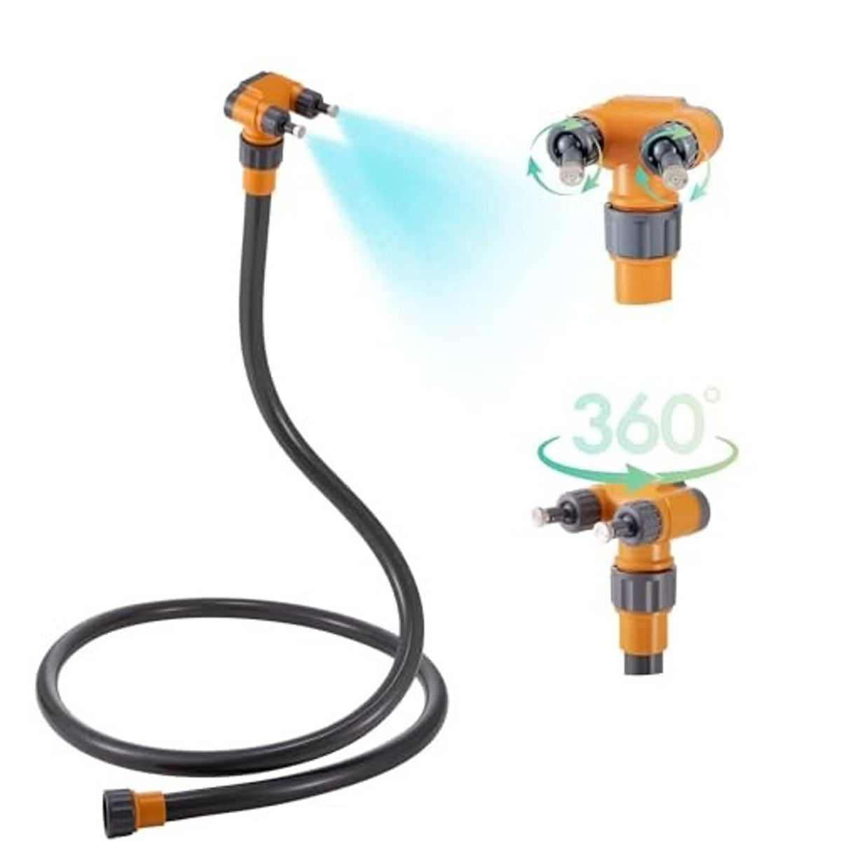 360° adjustable dual-head mist nozzle on black flexible hose with orange fittings