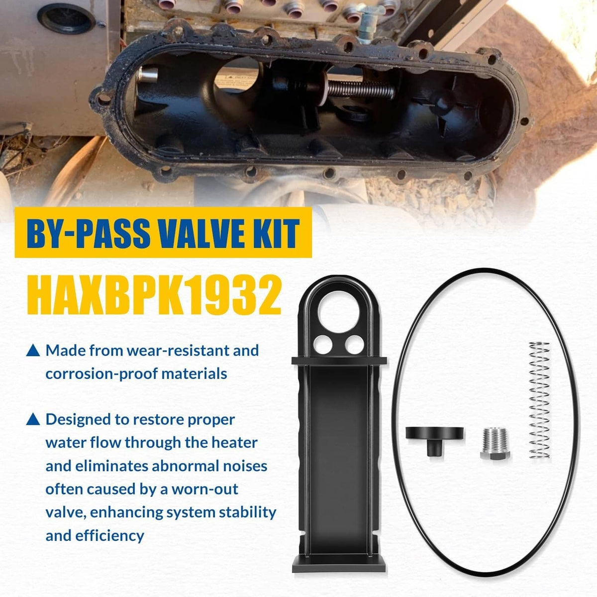 By-pass valve kit with black bracket stand, coiled spring, valve disk, and hose loop