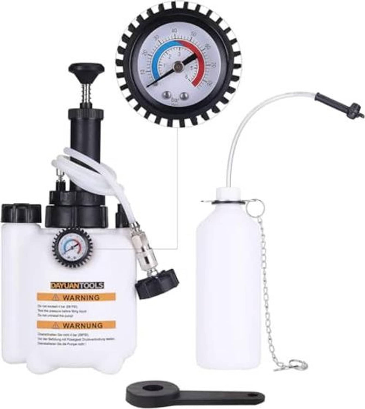 Brake fluid bleeder kit with hand pump, pressure gauge, bottles and connected tubing