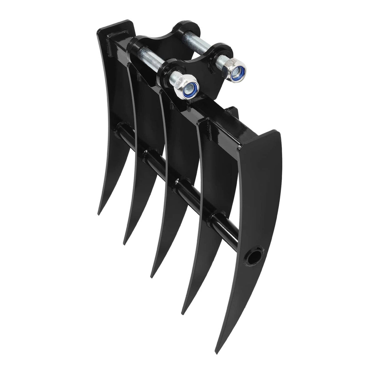 Mini excavator rake attachment viewed at an angle, curved black guard and tines