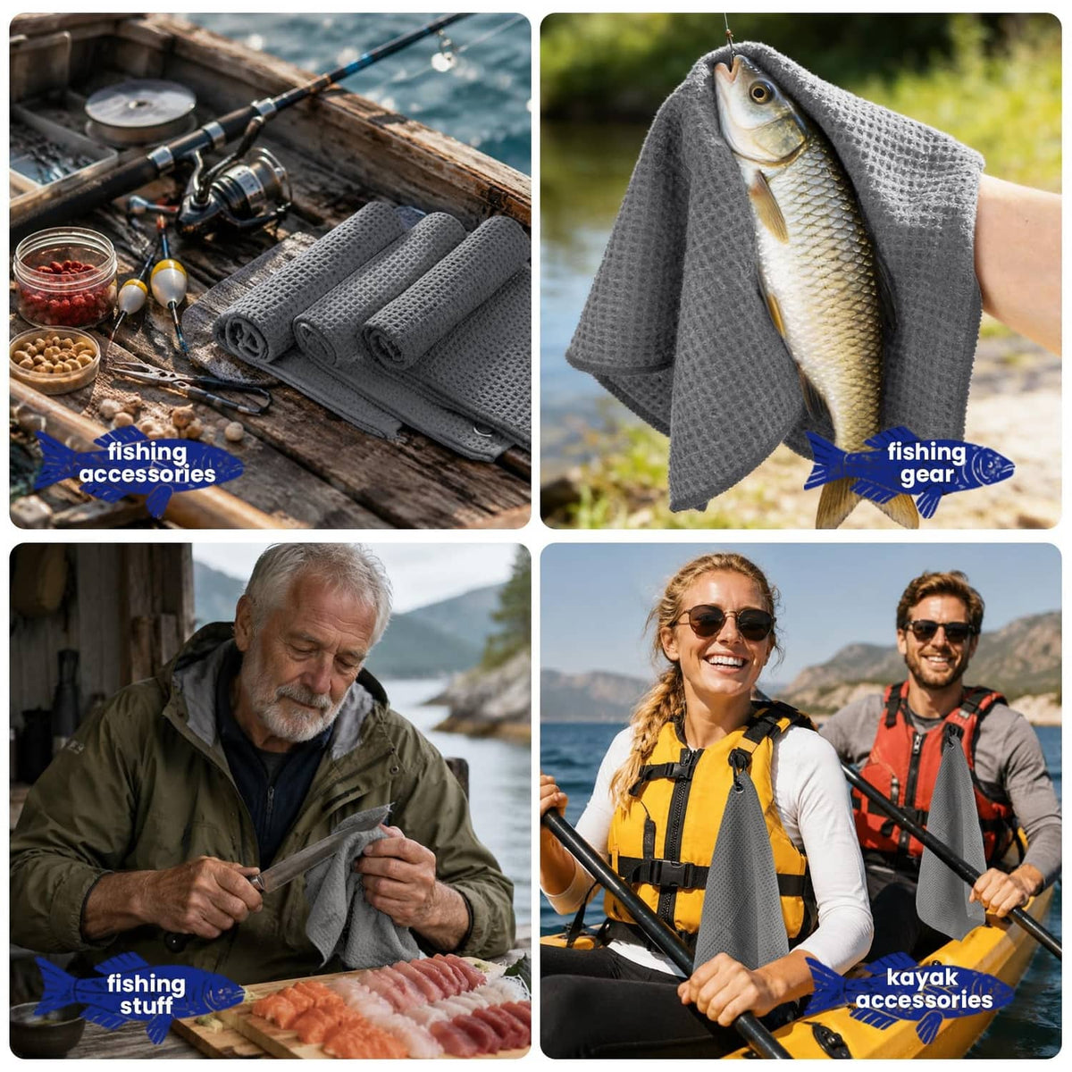 Grey microfiber fishing towel used to hold a caught fish