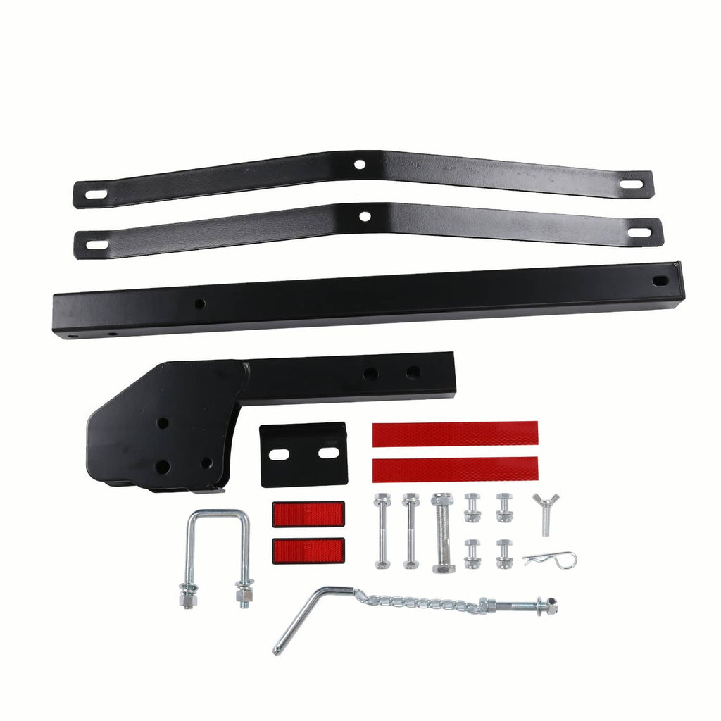 Hitch-mount cargo rack installation parts set with brackets, pins, and bolts