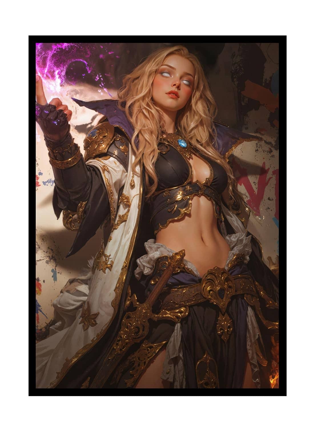 Game card sleeve with purple and bronze armored character artwork