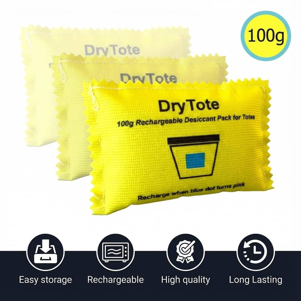 Yellow DryTote rechargeable desiccant pouches with blue indicator window, 100g each.