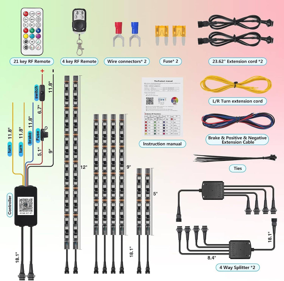 Motorcycle LED light strip kit with RF remotes, wire connectors, fuses, and extension cables