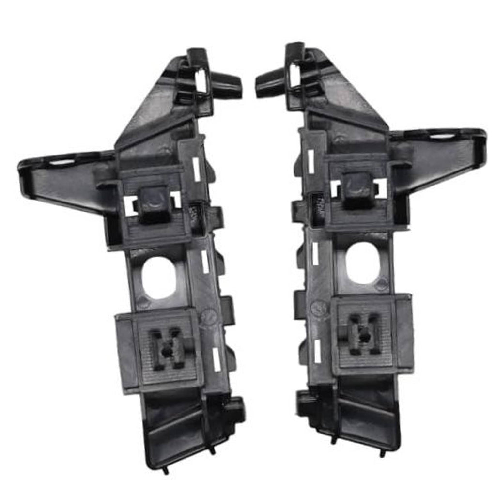 Front bumper bracket clips, black plastic pair with mounting holes and tabs