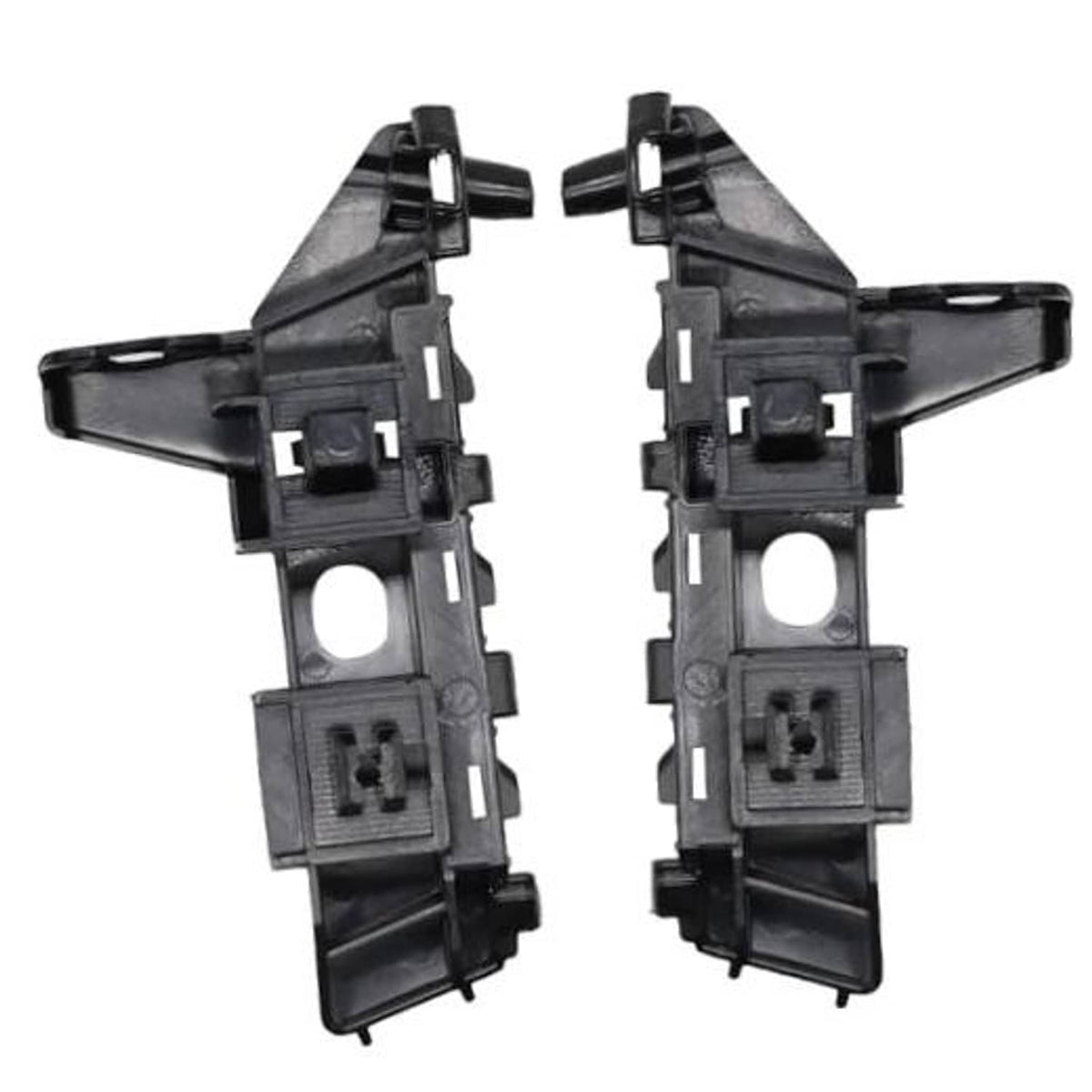 Front bumper bracket clips, black plastic pair with mounting holes and tabs