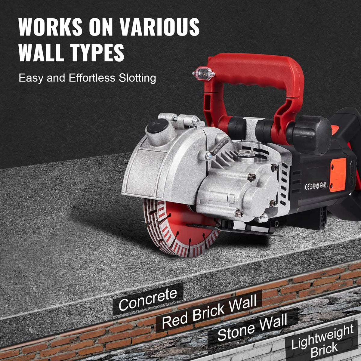 Wall slotting machine with red handle and black grip; large silver cutting disc