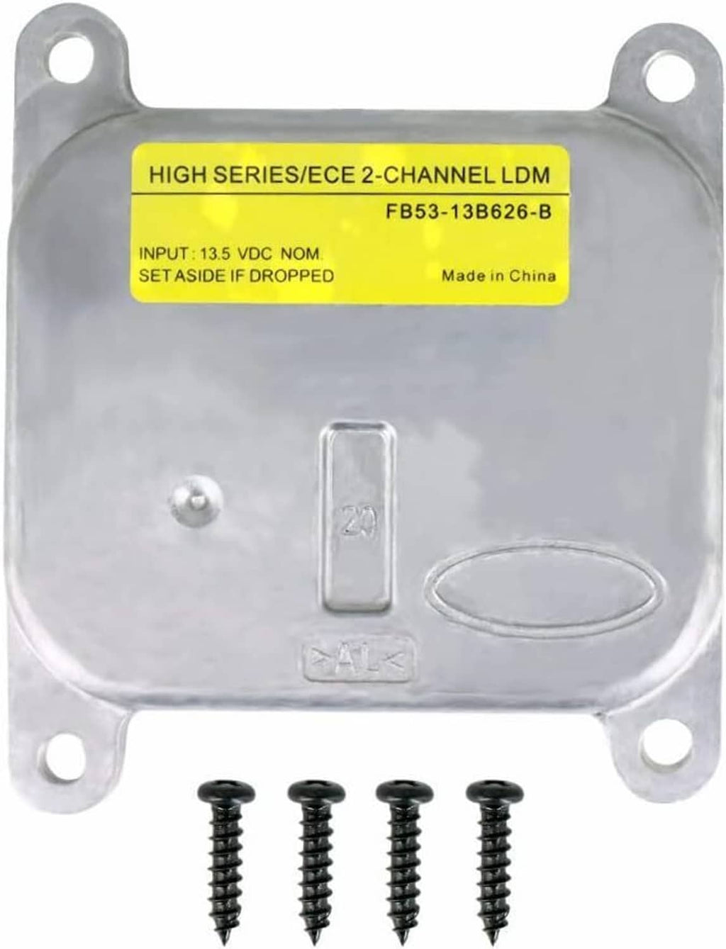 LED headlight control module with mounting holes, label, and four screw posts