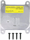 LED headlight control module with mounting holes, label, and four screw posts