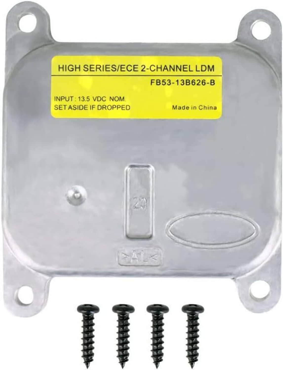 LED headlight control module with mounting holes, label, and four screw posts