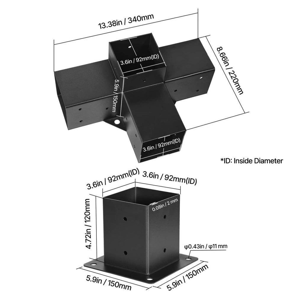 Black four-way corner bracket connector and post base with interior diameter measurements