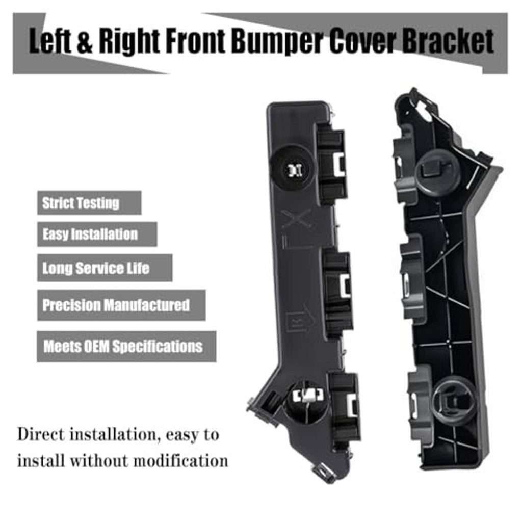 Left and right black front bumper cover brackets with screw fasteners and clips