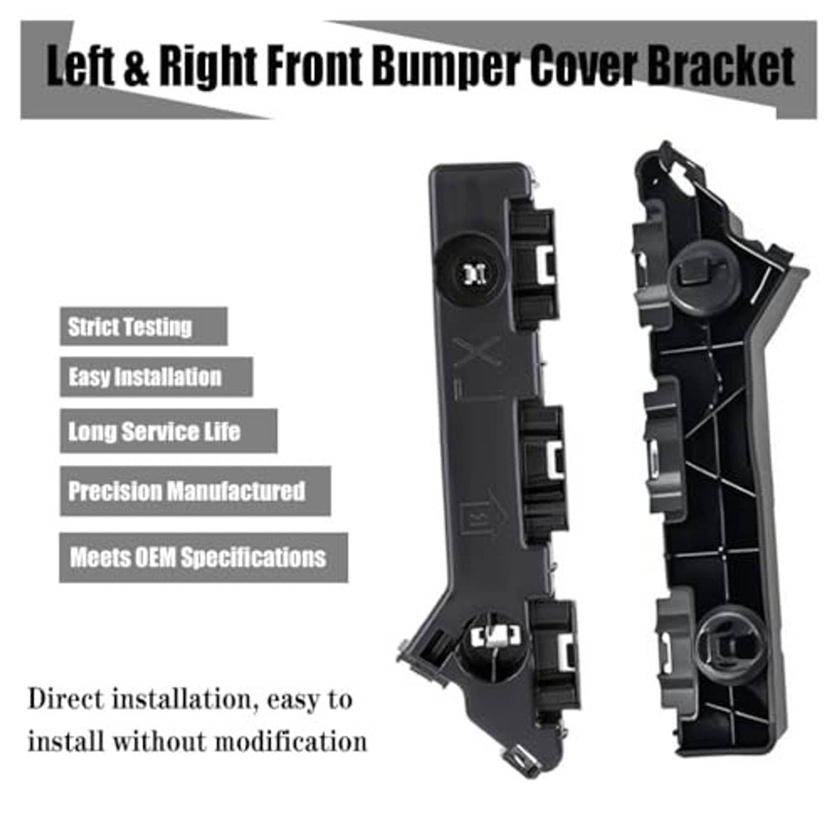 Left and right black front bumper cover brackets with screw fasteners and clips