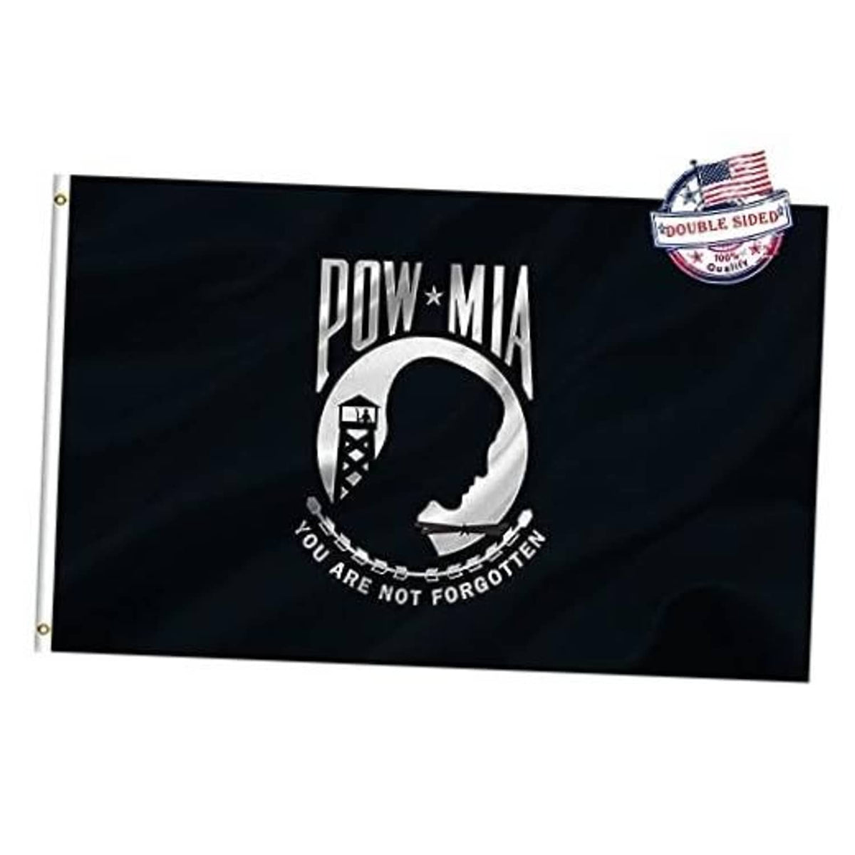 Black POW*MIA outdoor flag with white emblem and text, double-sided design.
