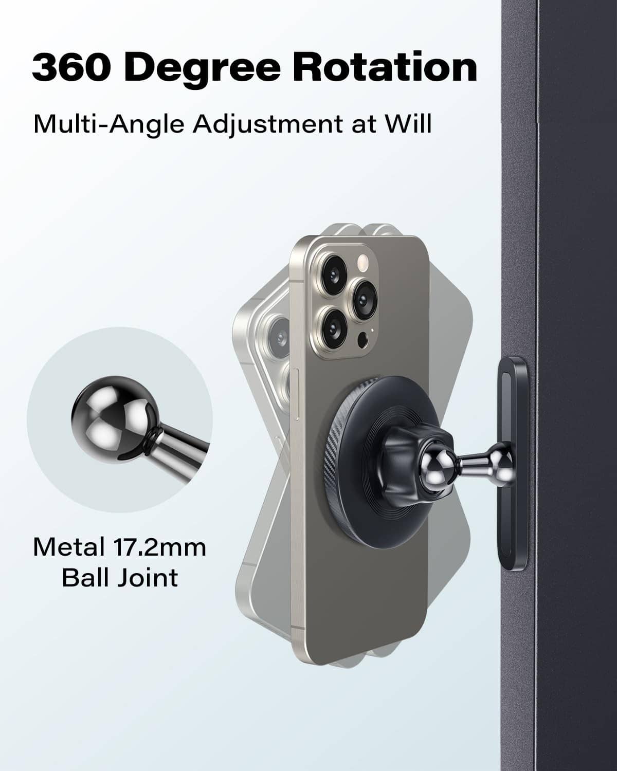 Black phone holder with metal ball joint for 360-degree rotation