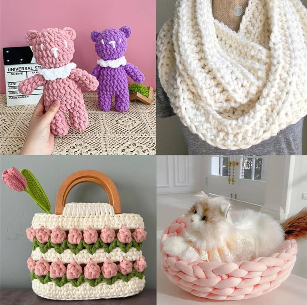 Crochet plush bear and bag projects with chunky yarn and visible stitch texture