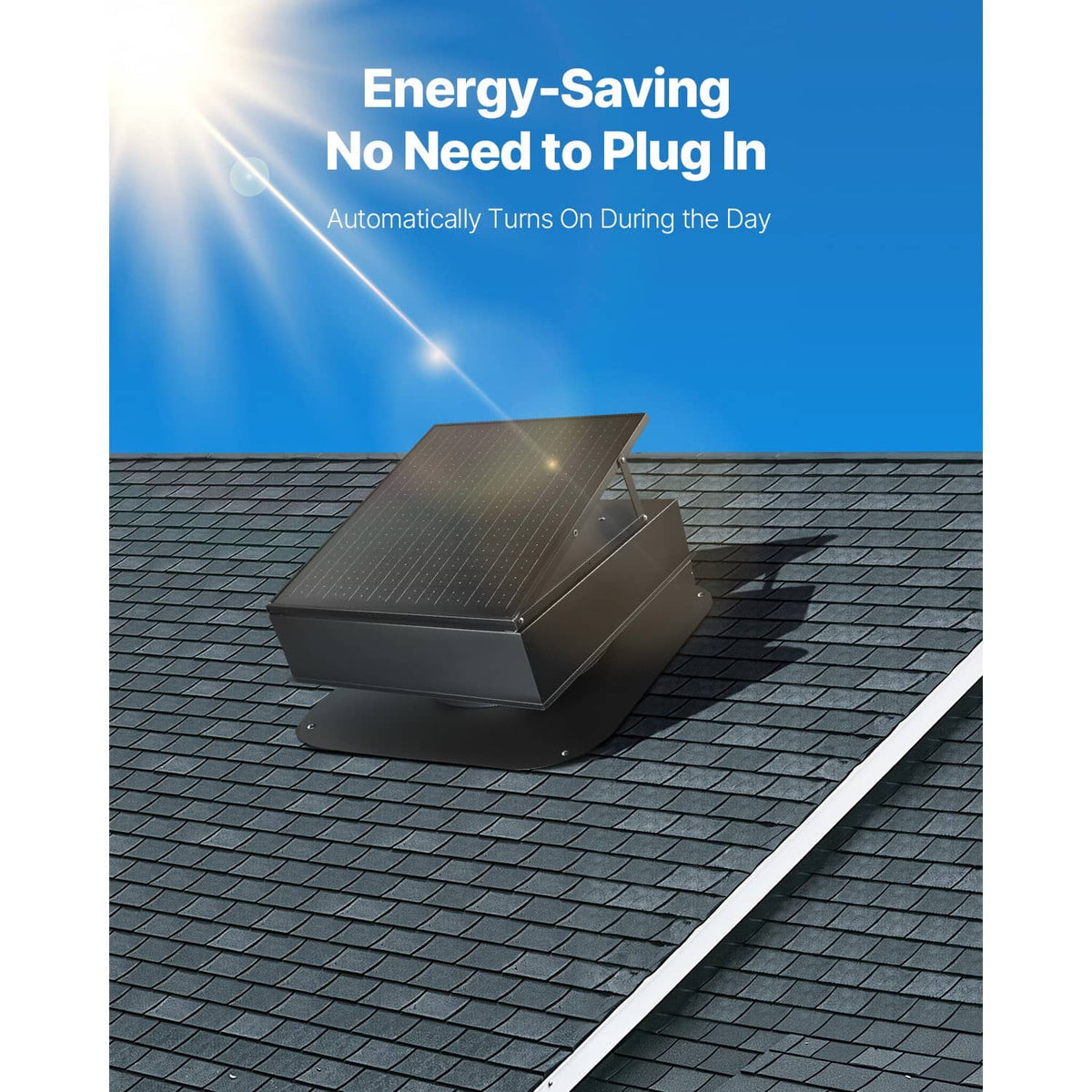 Solar roof attic exhaust fan on roof shingles with energy-saving no-plug design
