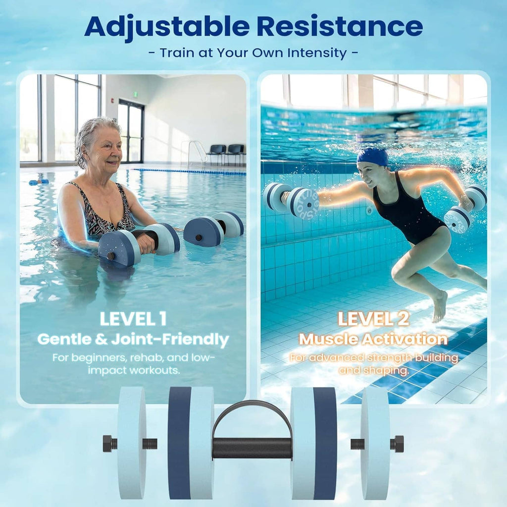 Pair of adjustable water dumbbells with EVA foam discs shown in swimming pool