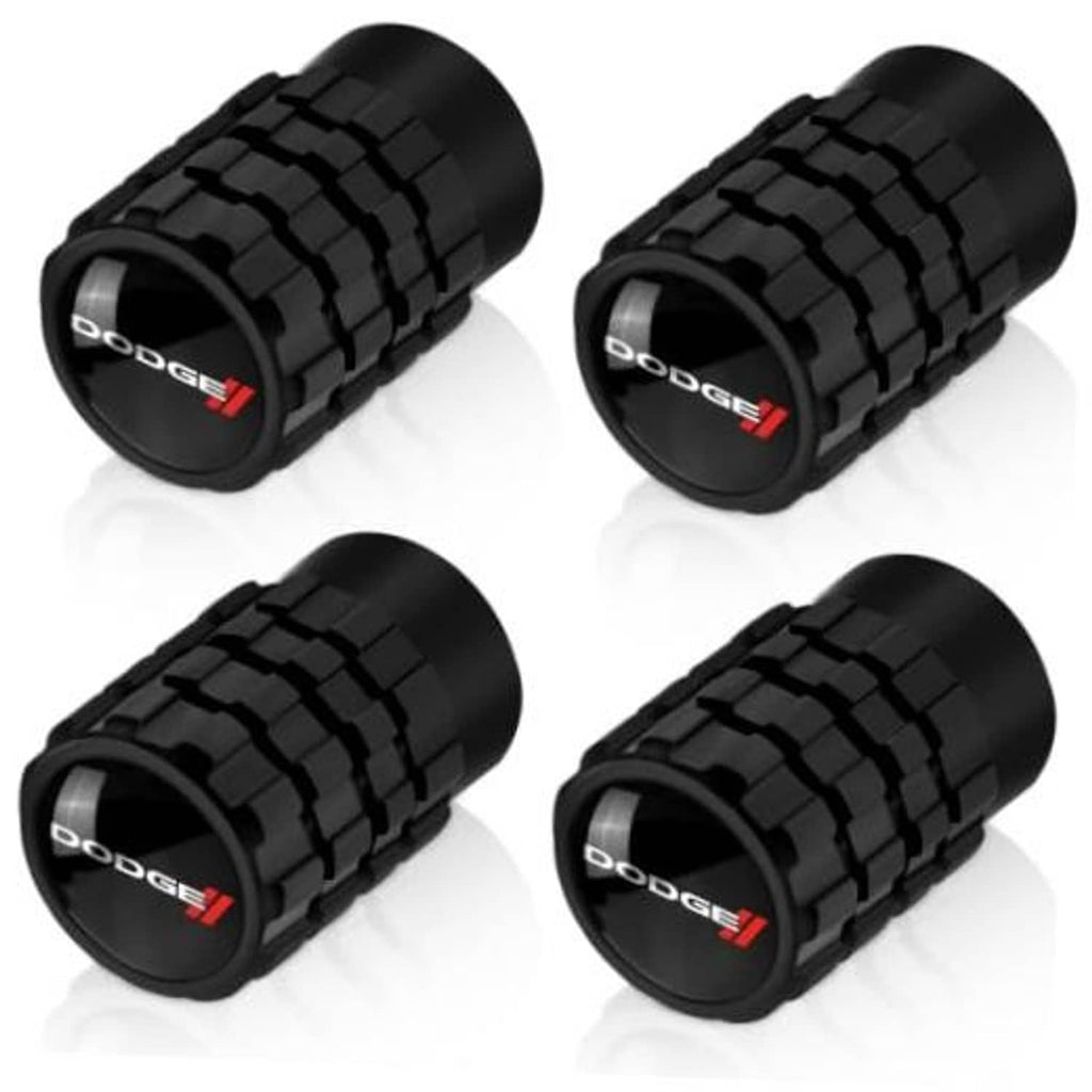 Set of four black tire valve stem caps with raised block texture and Dodge logo