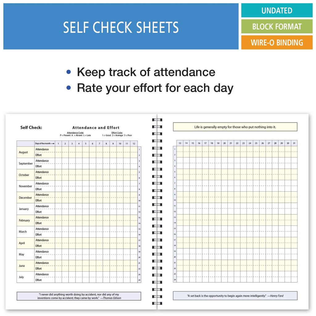 Undated student planner open to self check sheets with attendance and effort tables