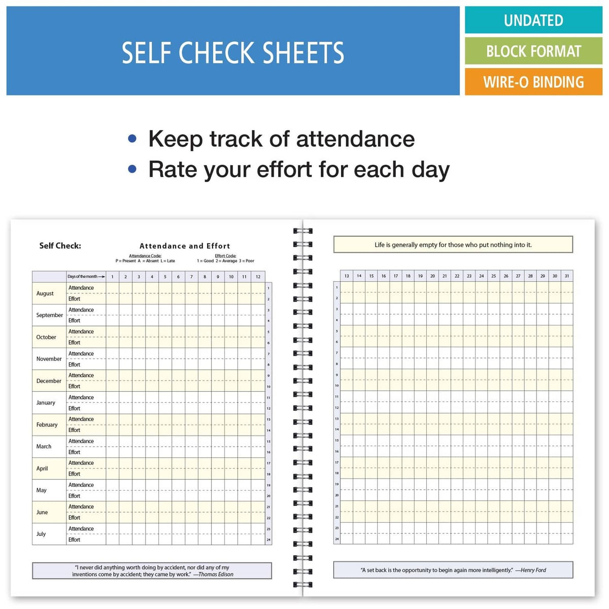 Undated student planner open to self check sheets with attendance and effort tables