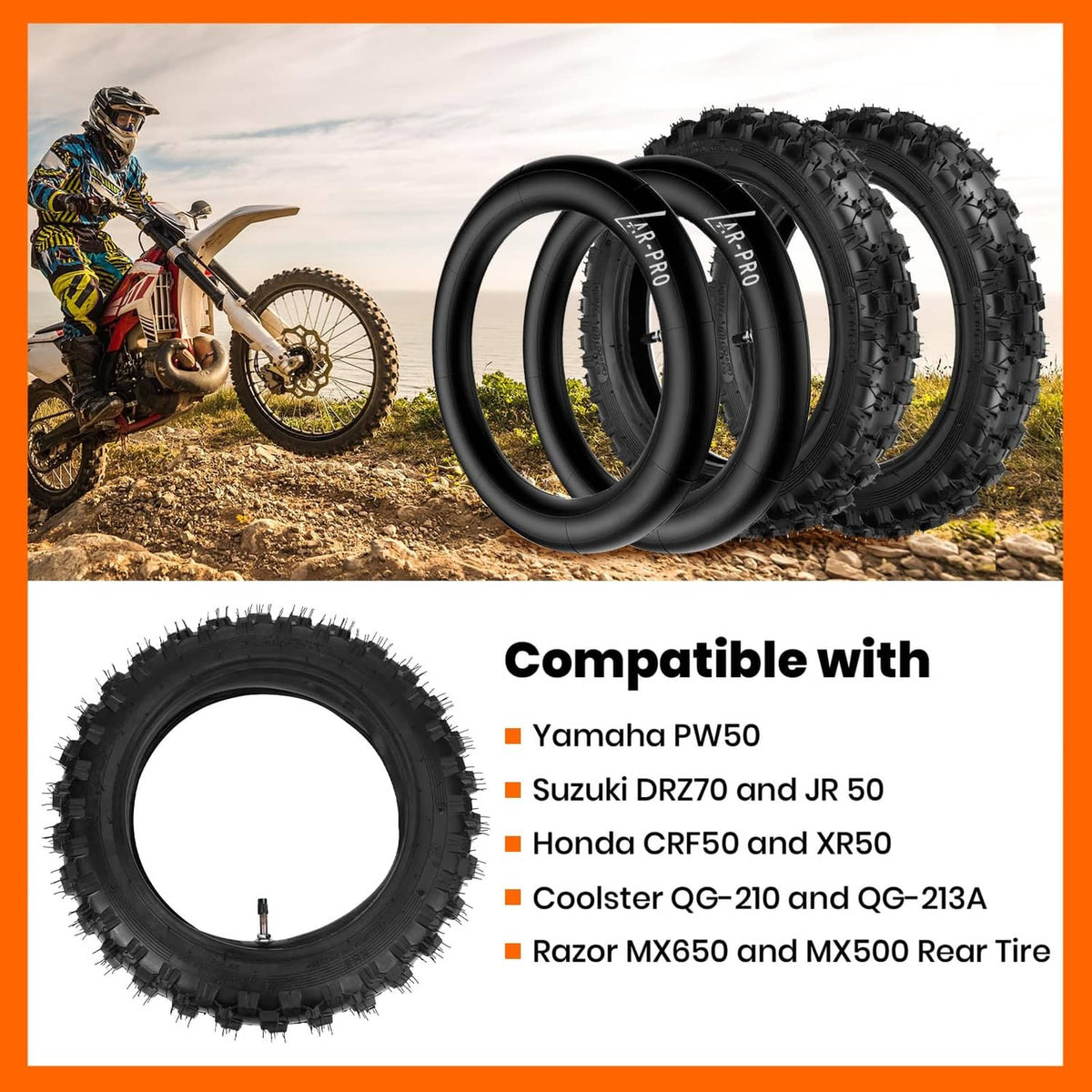 Off-road tire and inner tube set, black knobby tires with valve stems
