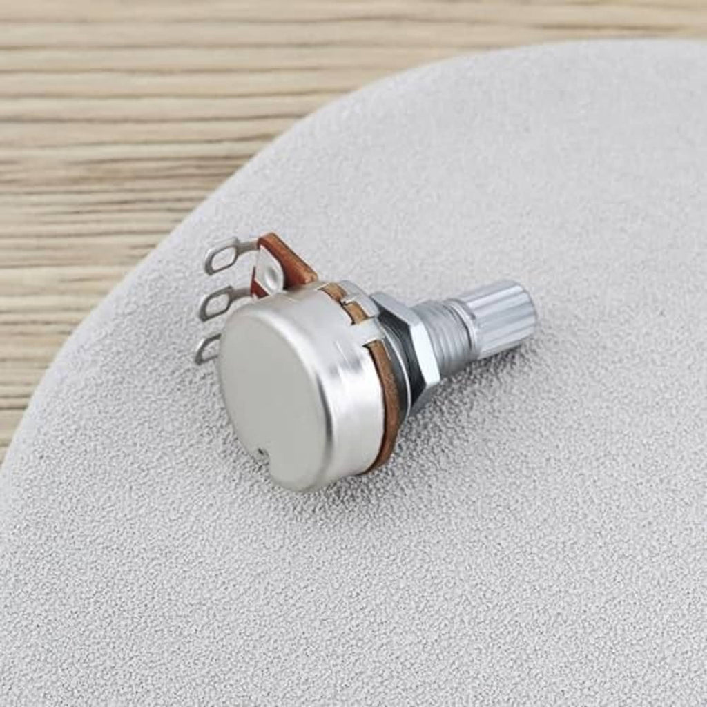 Side view of a linear potentiometer knob with knurled metal shaft and brown contact plate