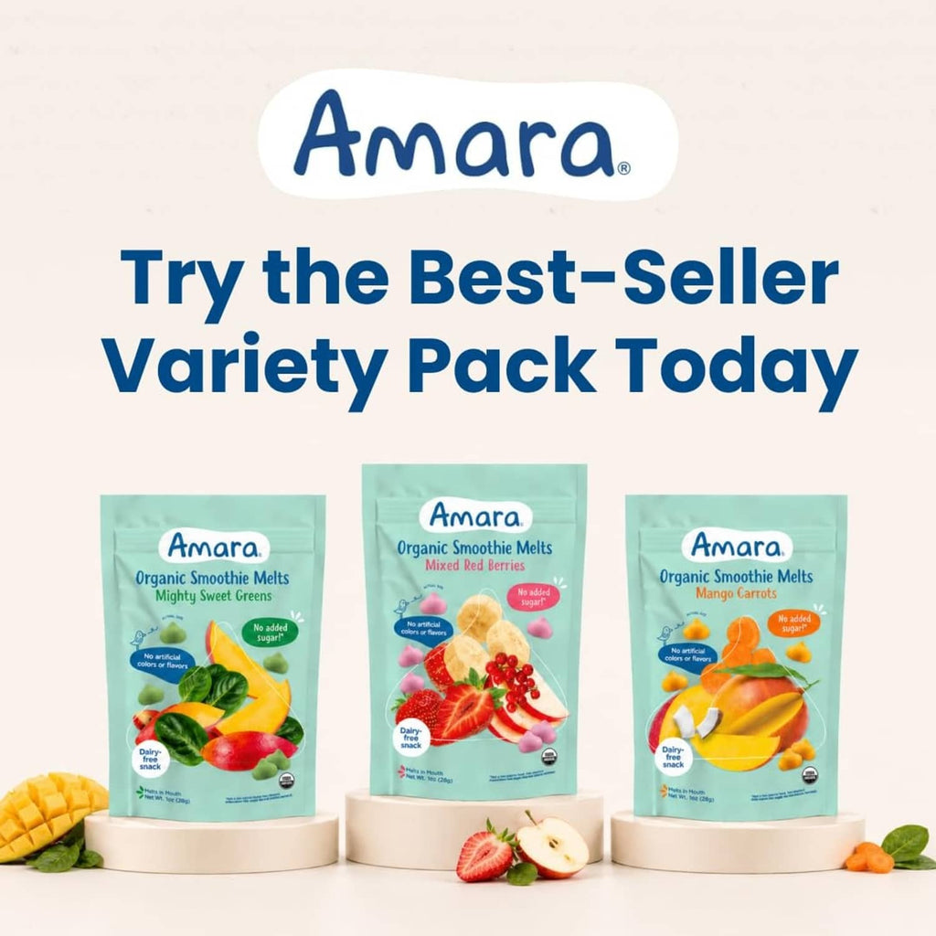 Amara organic smoothie melts variety pack with three standing pouches for Mighty Greens, Berries, Carrots