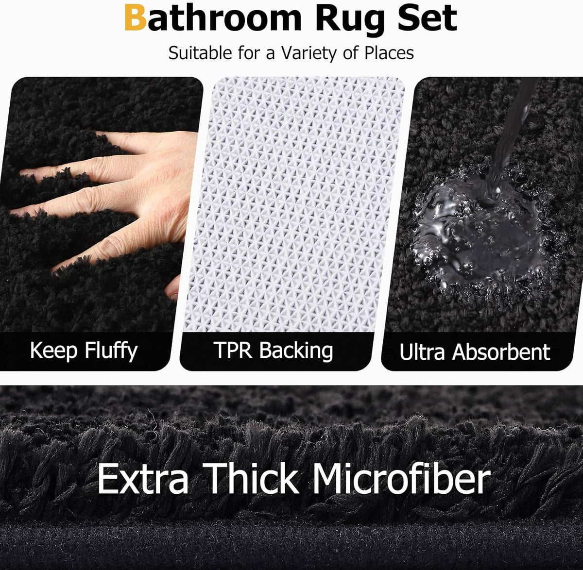 Bathroom rug set with fluffy black and white textured mats with TPR backing