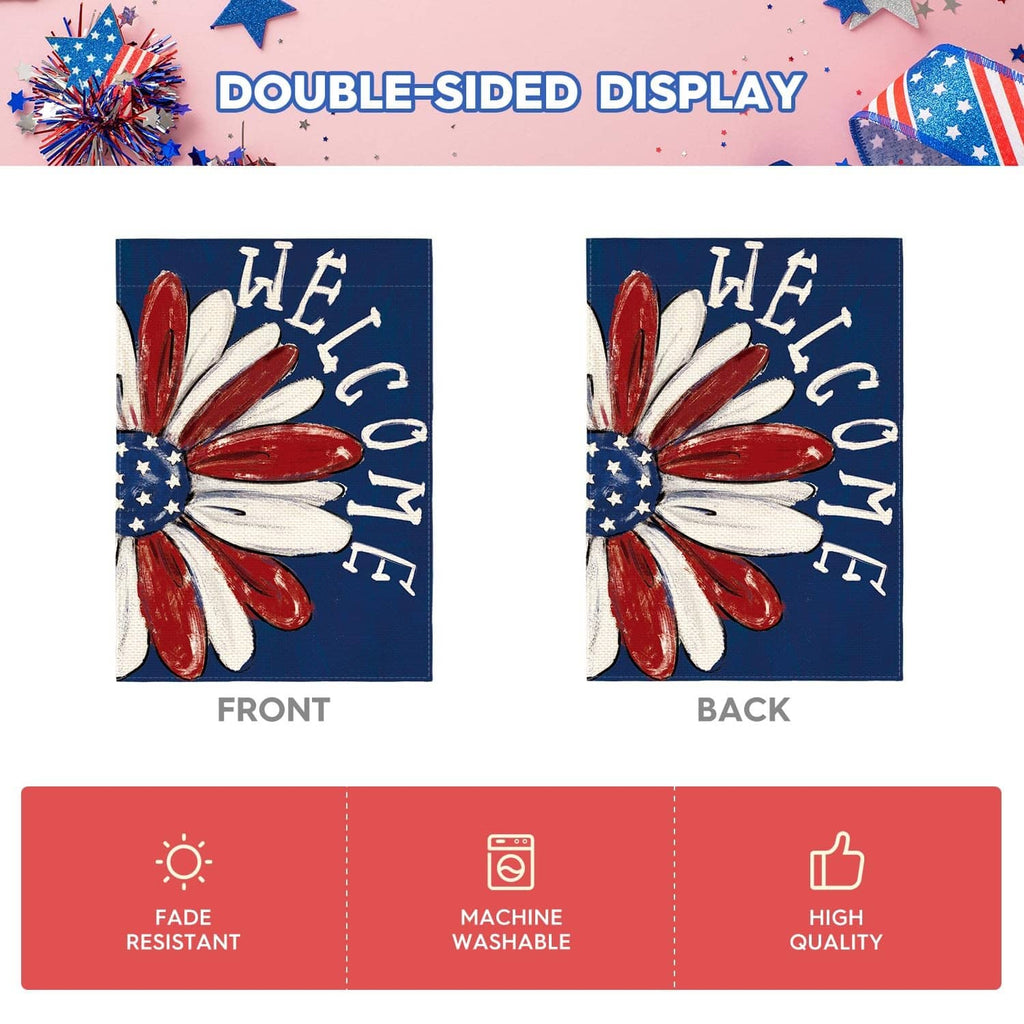 Double-sided patriotic house flag with front and back showing the "WELCOME" flower
