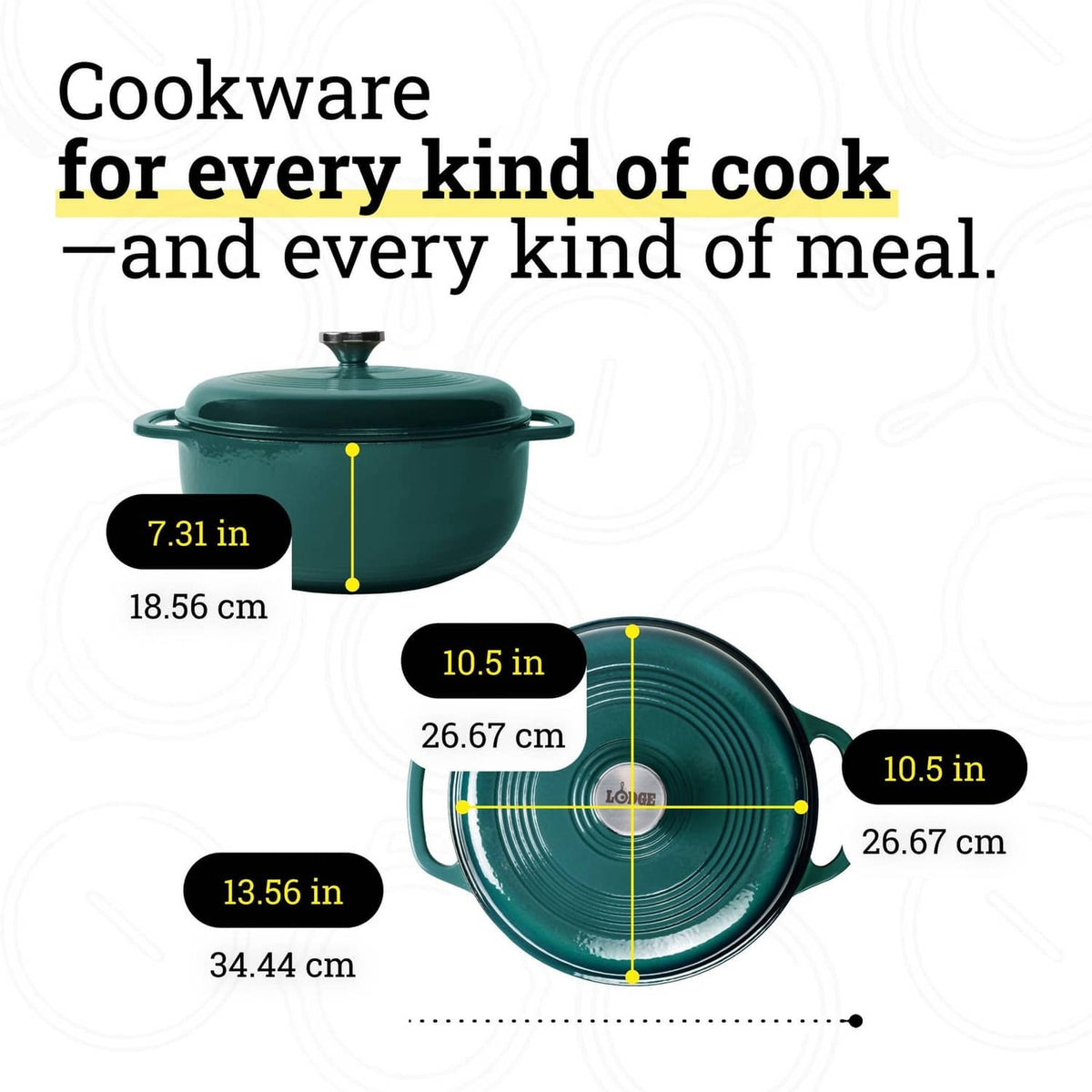 Teal enamel Dutch oven on size diagram with lid and handles