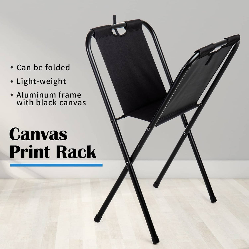 Black folding canvas print rack, lightweight aluminum frame with black canvas