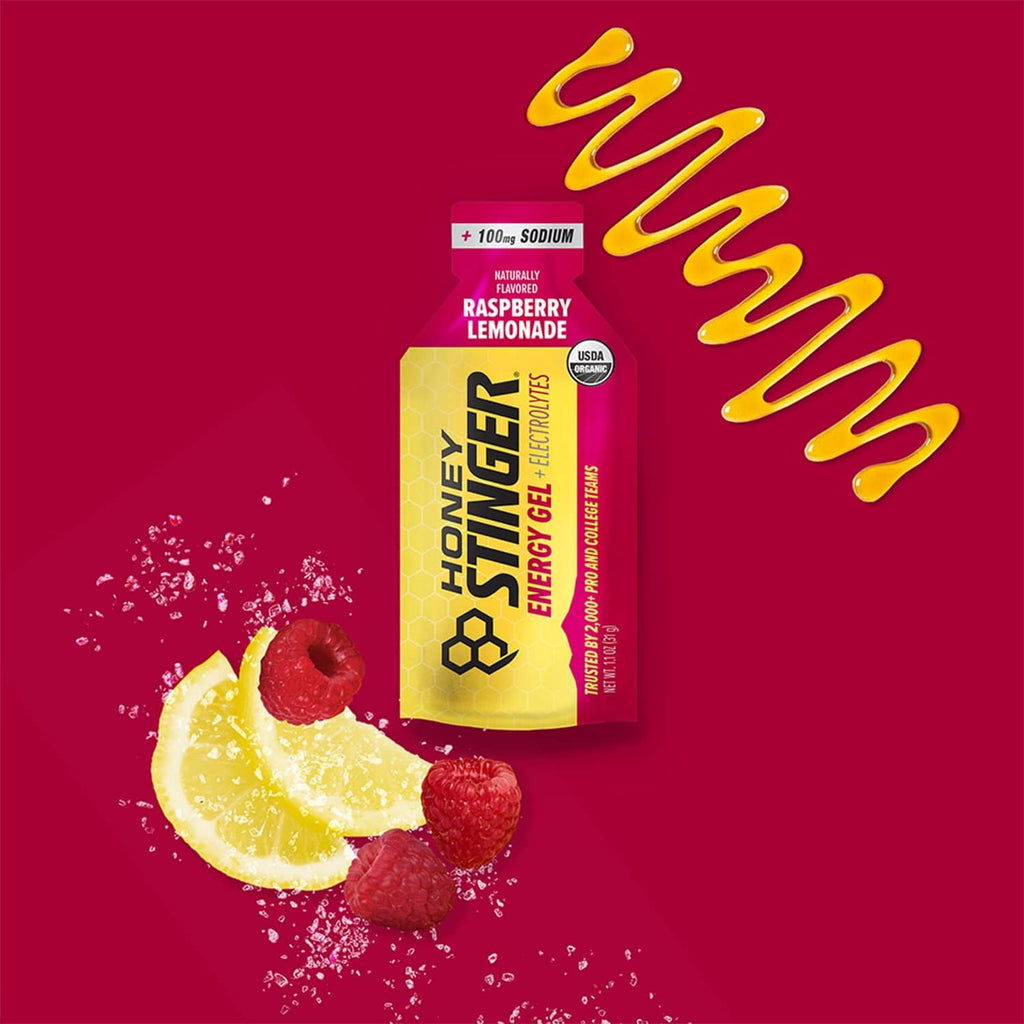 Honey Stinger raspberry lemonade energy gel packet with lemon and berry graphics