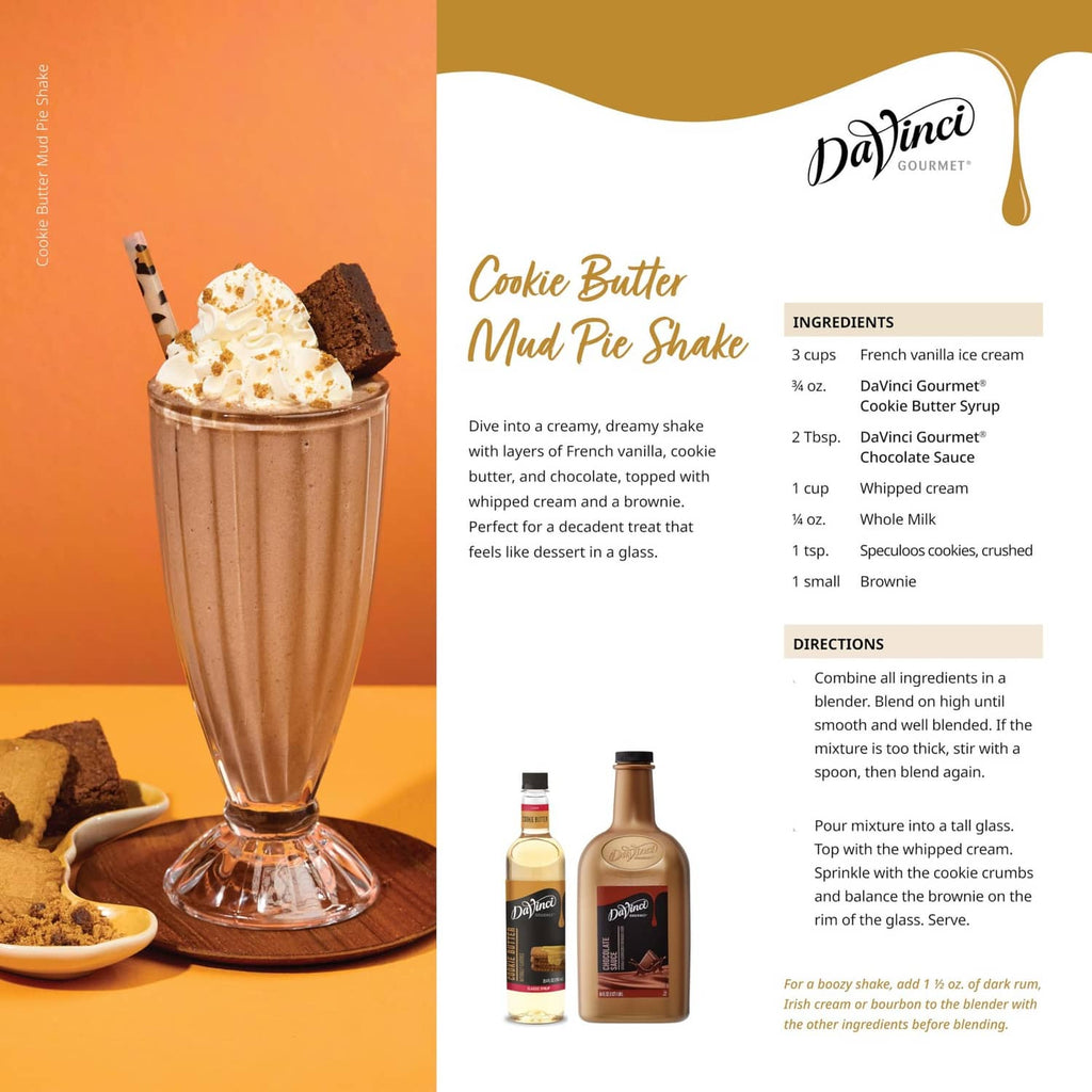 Cookie butter syrup serving guide showing recipe card and two bottles