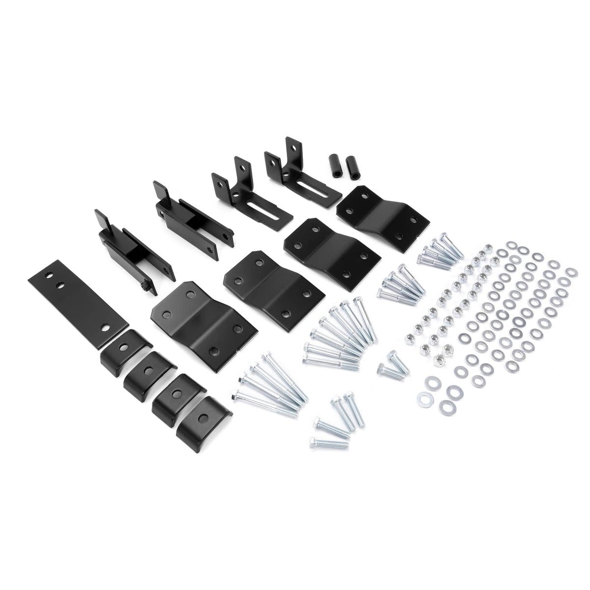 Black lift bracket sections with bolts, washers, and centering hardware kit
