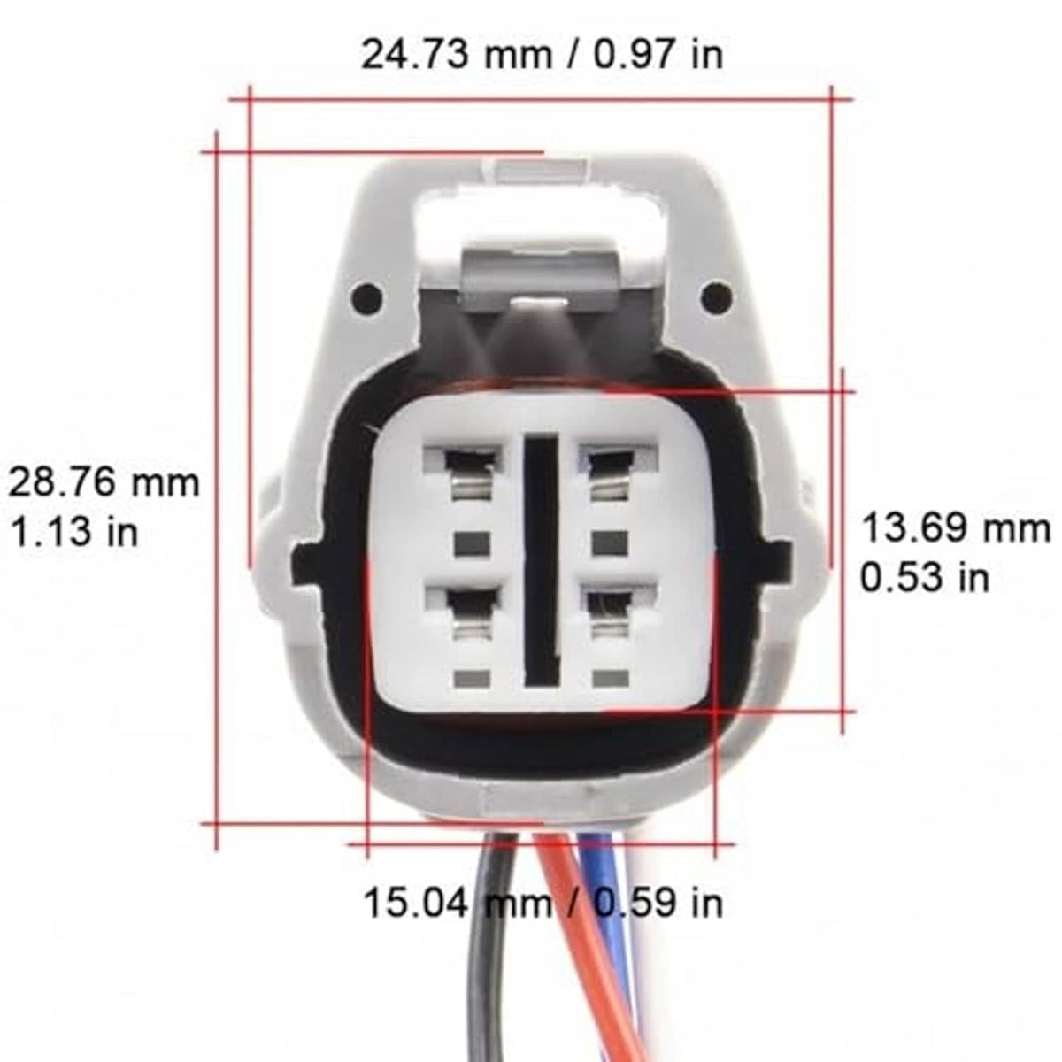 Front view of gray 4-pin connector with four rectangular terminal openings