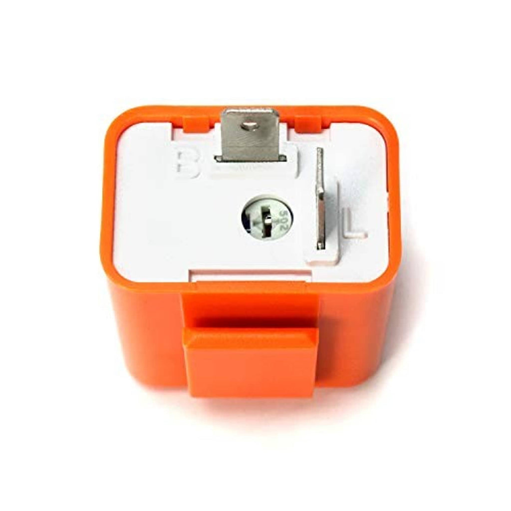 Orange 2-pin flasher relay with front contact plate, screw, and pin terminals