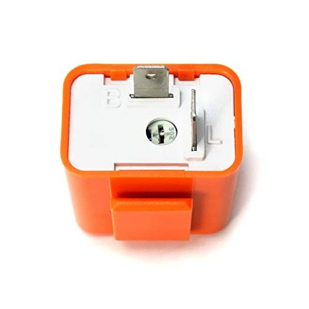 Orange 2-pin flasher relay with front contact plate, screw, and pin terminals