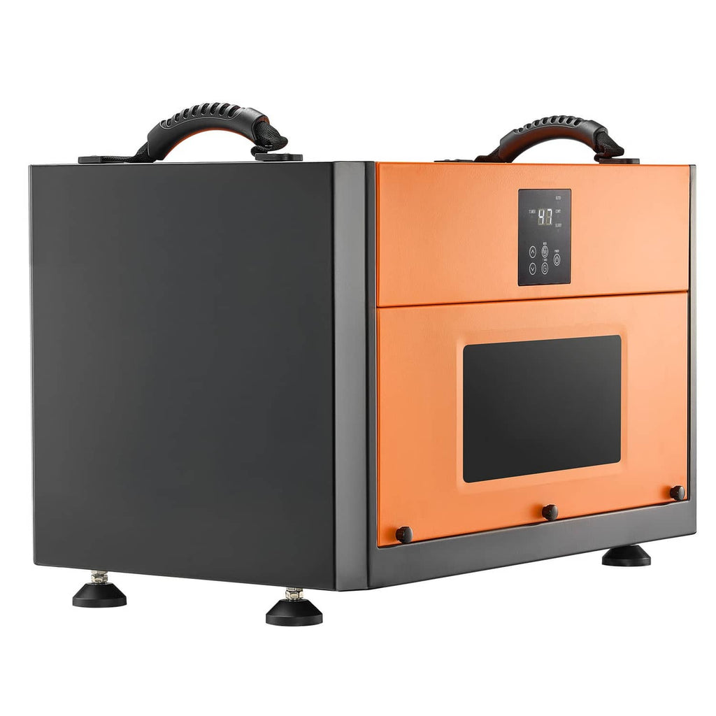 Commercial dehumidifier angled view showing front control panel and top carry handles