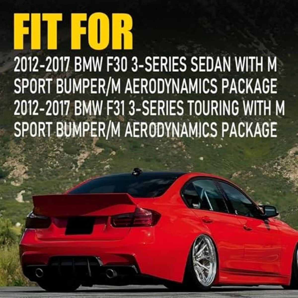 Installed red rear bumper reflector set on the rear bumper of a BMW 3-Series