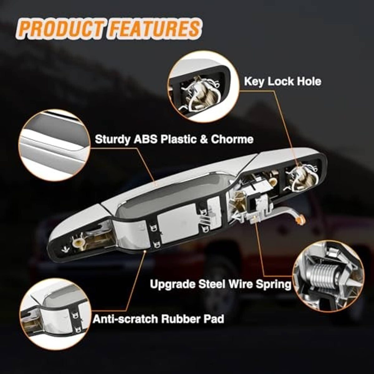 Exterior door handle features diagram: ABS plastic, chrome, key-lock hole
