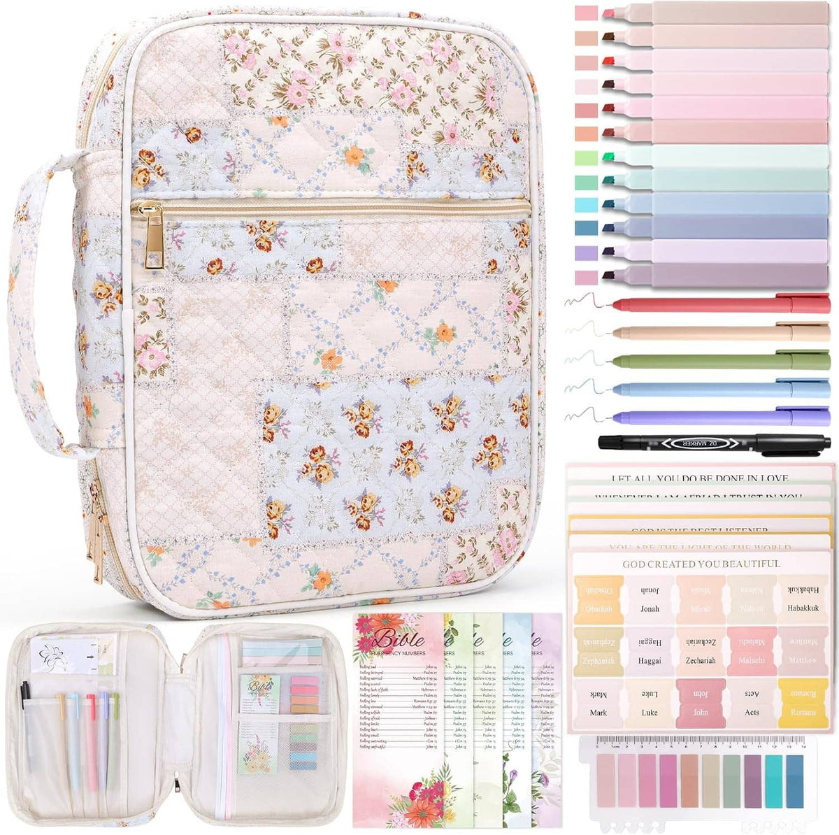 Floral patterned Bible cover case with zippered front pocket and side handle, light fabric
